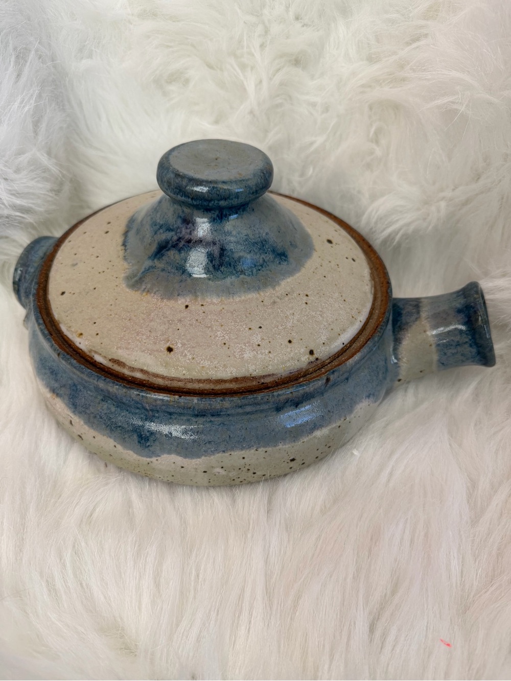 Handmade Ceramic Lidded Casserole Dish in Speckled Cream and Blue